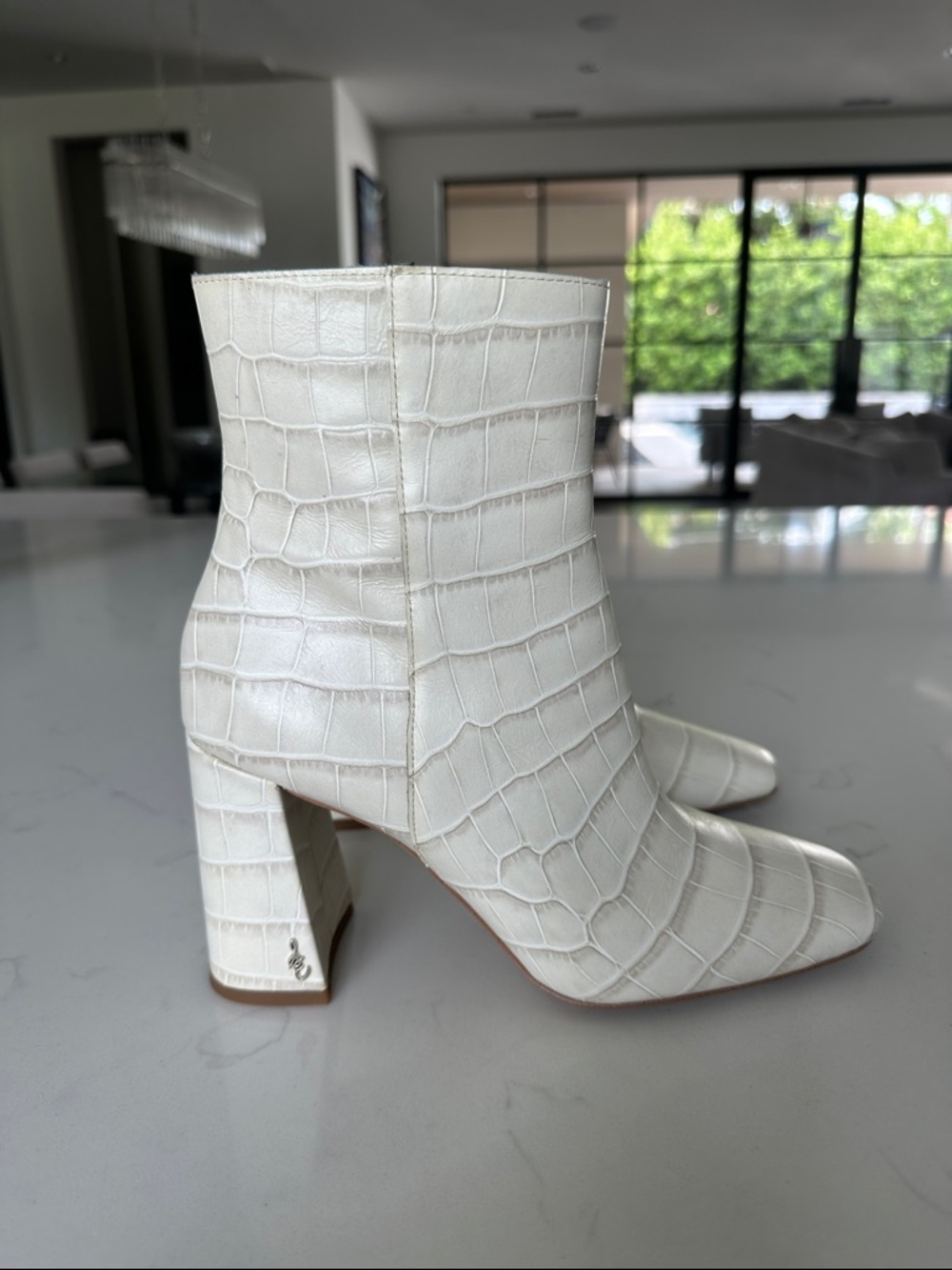 Sam Edelman Cream Croc-Embossed Block Heel Ankle Boots